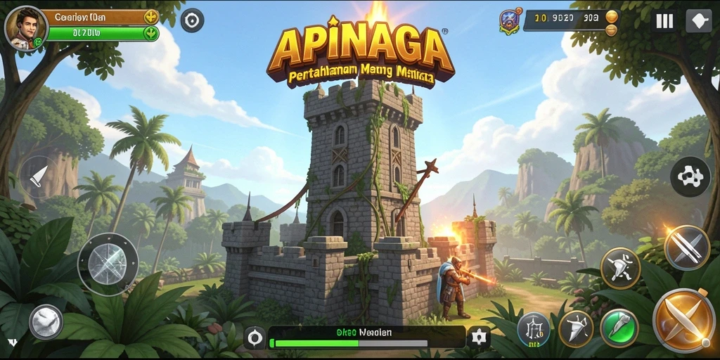 Tampilan gameplay APINAGA yang menarik dengan menara dan musuh yang bervariasi.