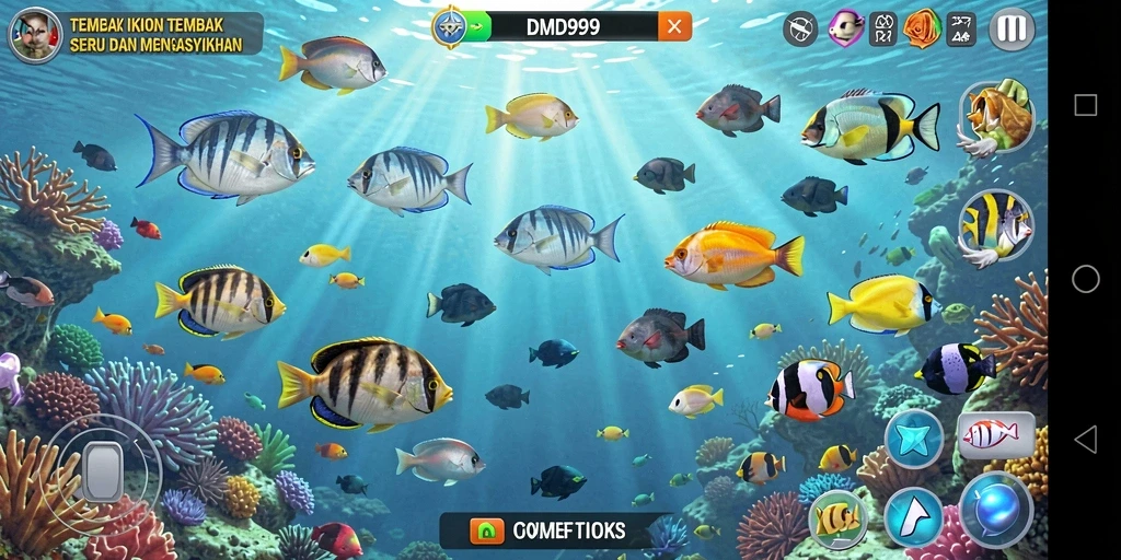 Tangkapan layar gameplay DMD999 dengan aksi seru Tembak Ikan.
