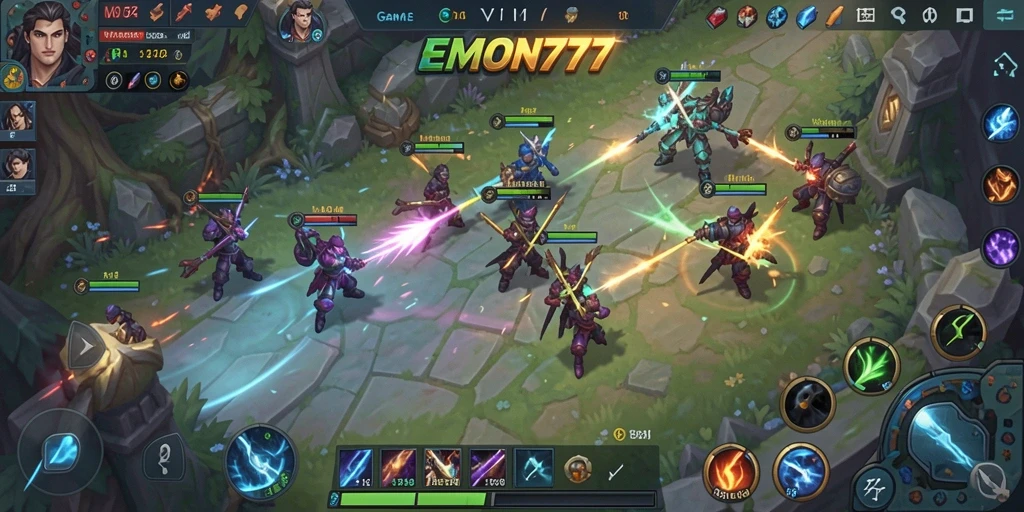 Tampilan gameplay seru di EMON777 dengan aksi taktis MOBA.
