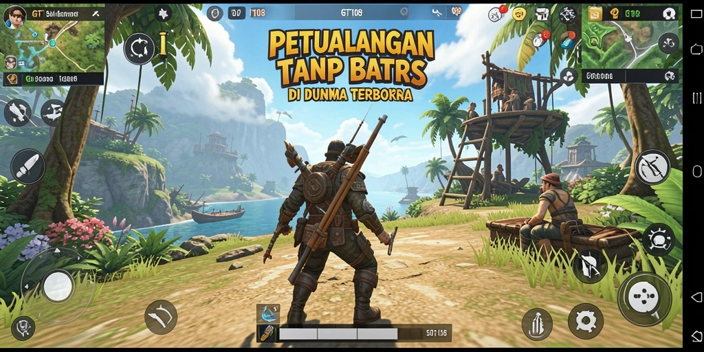 Screenshot gameplay GT108 yang menunjukkan dunia terbuka yang luas dan indah.