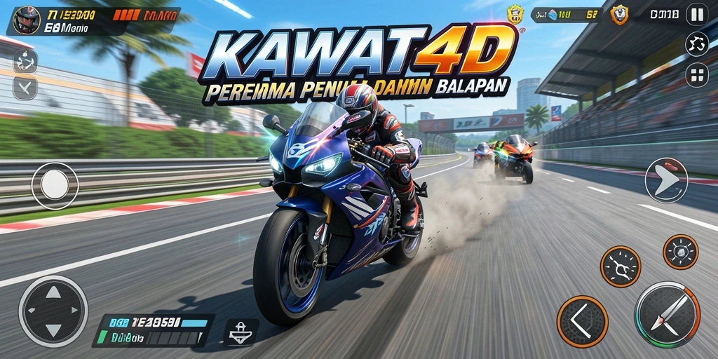 Screenshot gameplay KAWAT4D menampilkan aksi balapan motor yang mendebarkan.