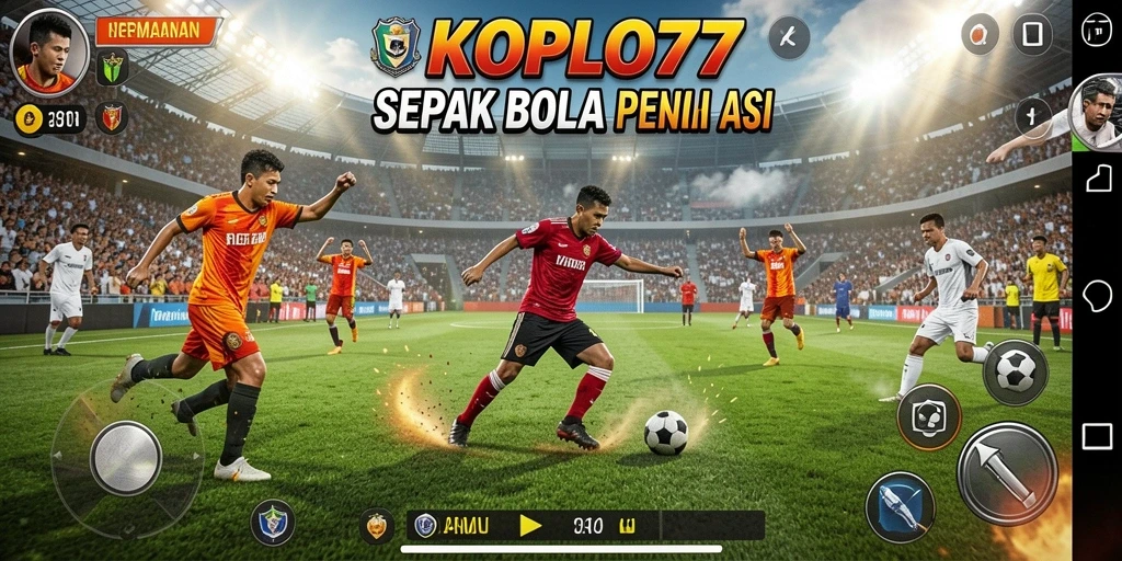 Tampilan layar permainan <strong>KOPLO77</strong> dengan aksi sepak bola yang mendebarkan.