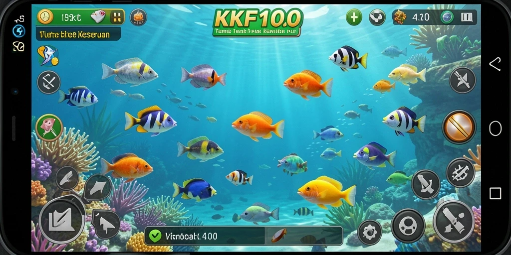 Screenshot gameplay KPK100 yang menegangkan dengan berbagai ikan komedi.
