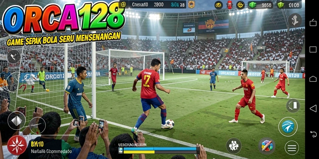Screenshot gameplay ORCA128 saat pertandingan sepak bola yang mendebarkan.
