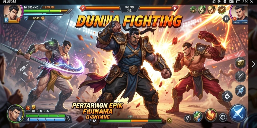 Tampilan gameplay bertarung seru di PLUTO88 dengan karakter unik.