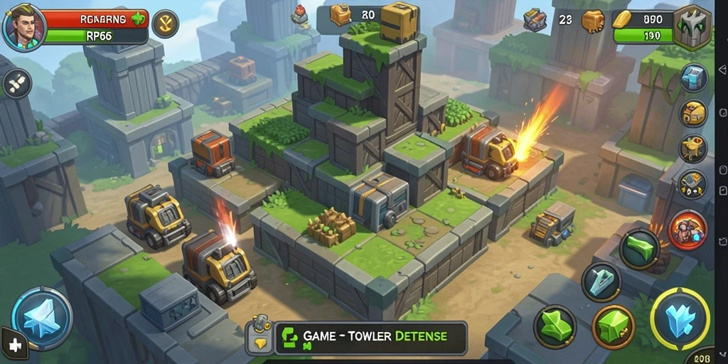 Tampilan screenshot utama RP66 menampilkan gameplay Tower Defense yang electrifying.