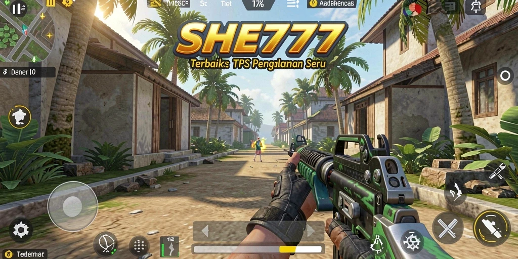 Screenshot gameplay SHE777 menunjukkan aksi seru dalam pertempuran TPS.