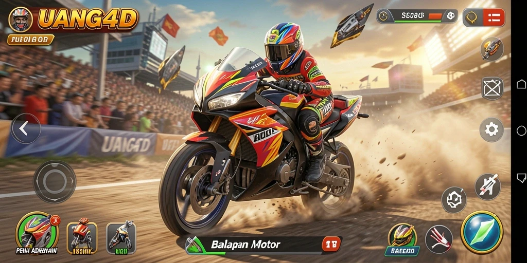 Tangkapan layar UANG4D menampilkan balapan motor yang intens dan mendebarkan.